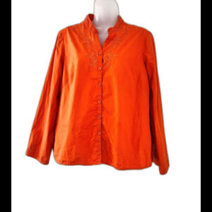 Emma James Womens Blouse Top Orange Beaded Floral Embroidered Size 12P Cotton